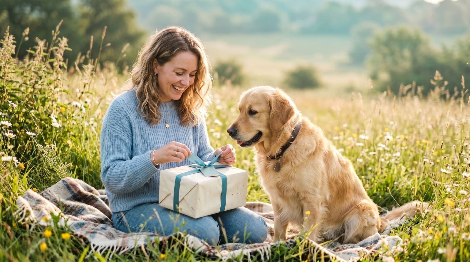 Frau mit Hund und einem Geschenk auf einer Blumenwiese